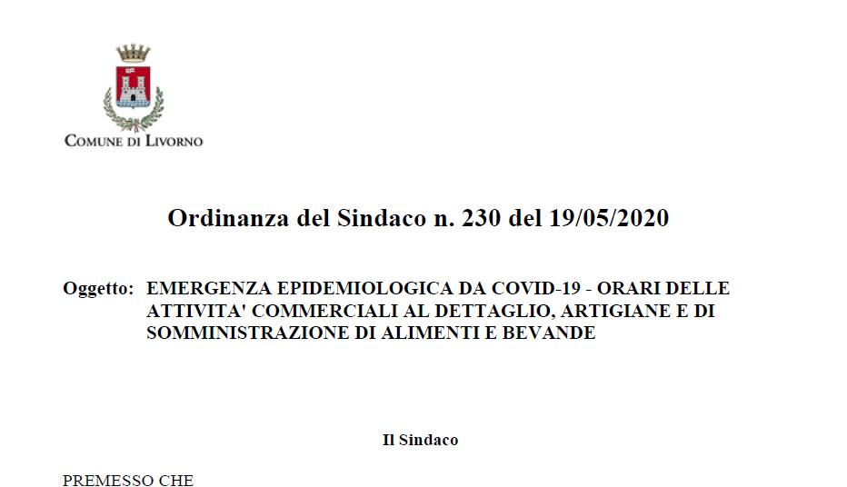 Comune di Livorno: Ordinanza n. 230 del 19/05/2020 orari attività commerciali, artigianli e somministrazione.