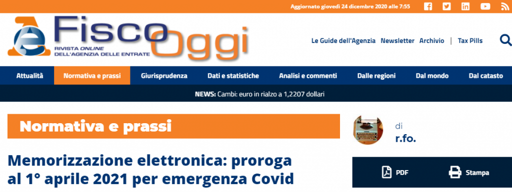 Memorizzazione elettronica corrispettivi: proroga al 1° aprile per emergenza Covid