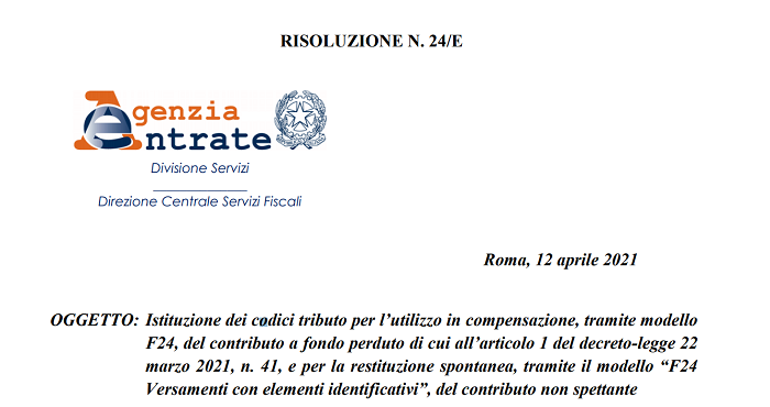 DL Sostegni - Istituzione dei codici tributo per l’utilizzo in compensazione e per la restituzione spontanea del 