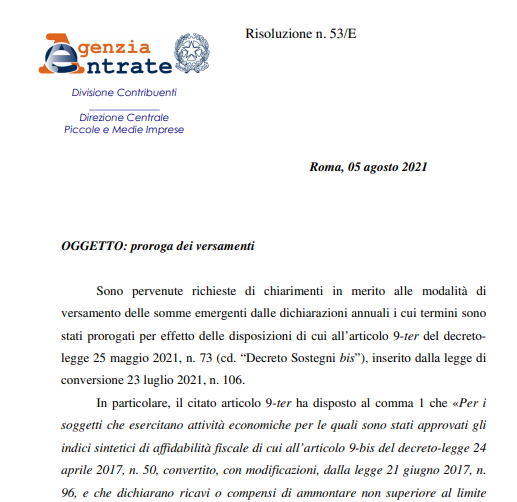 Aggiornamento in merito alla proroga dei versamenti al 15 settembre. Risoluzione n. 53 Agenzia Entrate